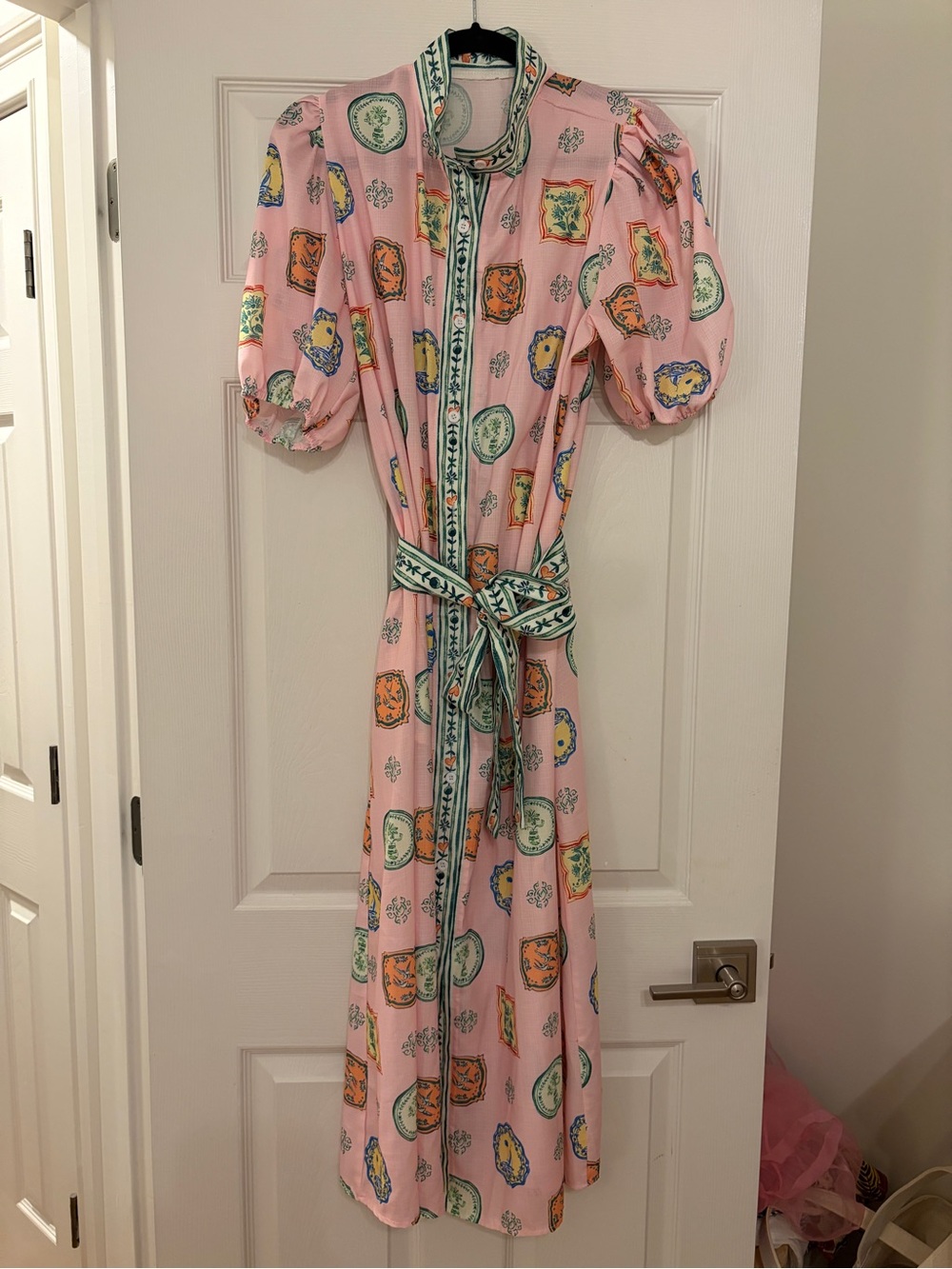 Pink Printed Midi Shirt Dress with Contrasting Trim